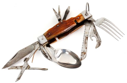 Nice Vintage Traveling Survival Folding Knife with 8 Tool Blades and Large Fork & Spoon. German or