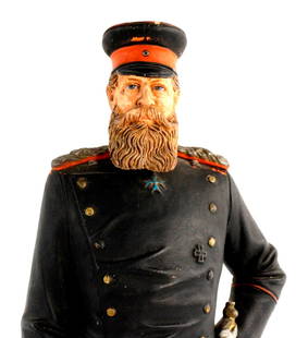 German Empire 1871 - 1918 Statuette Figurine of Frederick III in Uniform with Sword & Order.: German Empire 1871 - 1918 Statuette Figurine of Frederick III in Uniform with Sword & Order.Circa 1880. Hard-fired, colorfully glazed ceramic. Size: 9 7/8". Detailed condition reports are not included