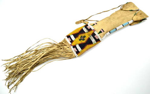 Native American Indian Beadwork on Hide Medicine or Tobacco Pouch Bag.: Native American Indian Beadwork on Hide Medicine or Tobacco Pouch Bag. Size: 32" x 17 3/4" x 5". Detailed condition reports are not included in this catalog. For additional information, including cond