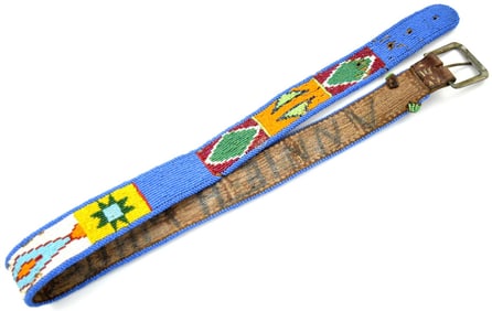 Native American Indian Leather Belt with Extensive Beadwork & Engraved Buckle.