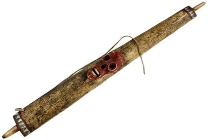 Antique Carved & Painted Wood Native American Indian Smoking Pipe Stem with Large Skull Carving.