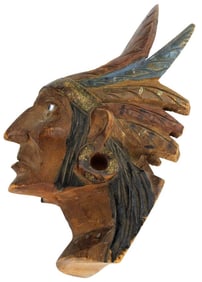 Lovely Antique Native American Indian Smoking Pipe of Painted Carved Wood Tribal Chief Head with