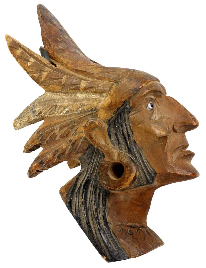 Lovely Antique Native American Indian Smoking Pipe of Painted Carved Wood Tribal Chief Head with (1 of 15)