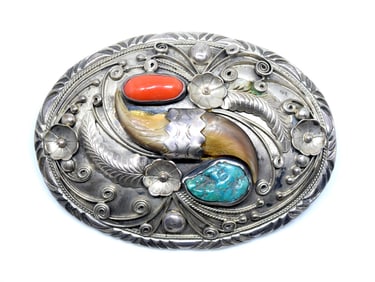 Navajo Richard Begay Turquoise, Coral and Bear Claw Belt Buckle