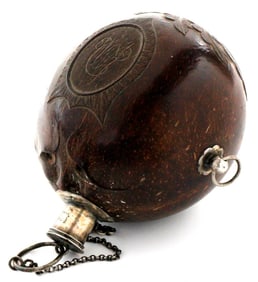 Antique French Revolution to Napoleonic Wars era Officer's Carved Coconut & Silver Powder Flask.