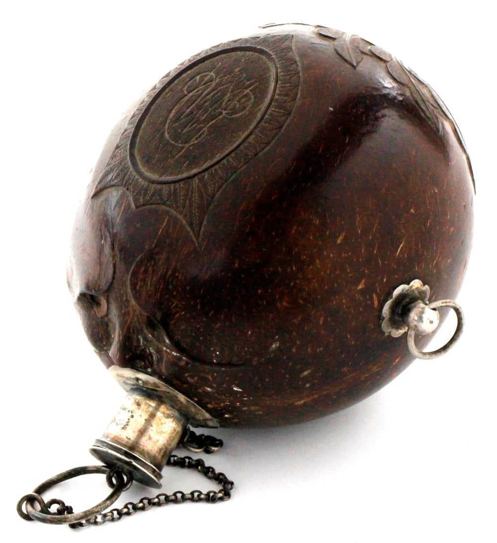 Antique French Revolution to Napoleonic Wars era Officer's Carved Coconut & Silver Powder Flask. (1 of 14)
