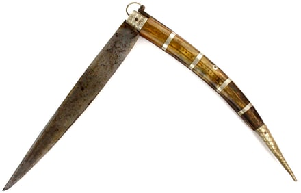 Large Antique 18th-19th C. Spanish NAVAJA Folding Clasp Knife with Fine Bull Horn Sectioned Grips.