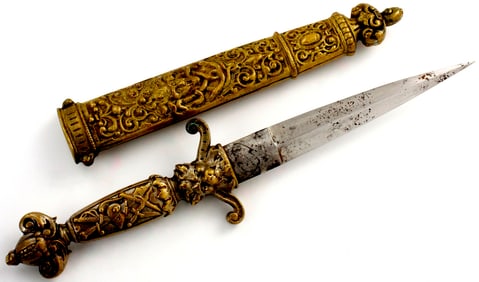 Antique 19th C. German Spanish or French Figural Romantic Dagger with Arms & Armor Grip Details &