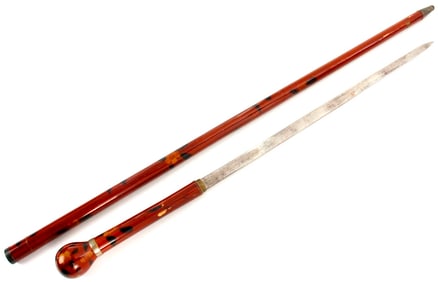 Fine Antique 19th C. Japanese Sword Cane Walking Stick with Lovely Lacquer Finish of Sakura Blossoms