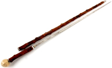 Fine Antique 19th C. Gentleman's Sword Cane Walking Stick with Lovely Carved Hand Grasp & Full