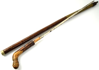 Antique 18th C. Self Defence Walking Cane Sword Stick with Mace - Like Iron Tip & Fighting Club -
