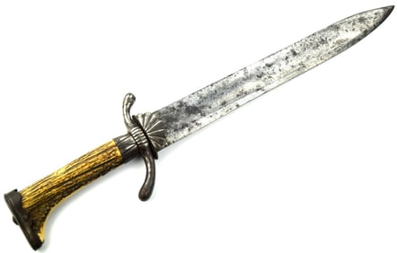 Strong 19th C. German or Austrian Hunting Dagger Knife Short Sword with Steel Mounts & Nice Stag