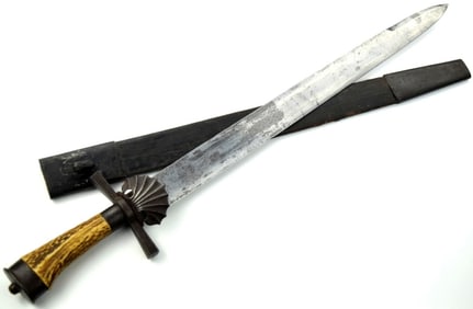 Good 19th C. German or Austrian Hunting Sword Dagger with Iron Mounts Nice Stag Grip & Maker Marked