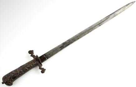 Rare 19th C. Imperial Russian or German Hunting Sword Dagger with Figural Iron Hilt Depicting Hunter