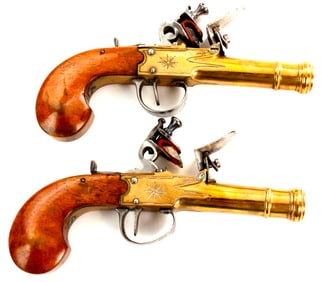 Very Fine Antique 19th C. Pair of Belgian Box-lock Flintlock Navy Naval Pistols with Engraved Brass