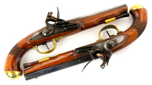 Very Good Pair of 18th-19th C. Austrian Officer's Flintlock Pistols with Blued & Gold Inlaid