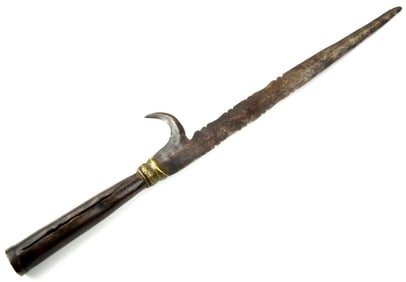 Antique Early Chinese Warrior's Polearm Iron Spear Head with Hook. Brass Mounted Socket, Interesting