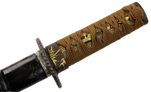 Very Nice Antique Japanese Samurai WAKIZASHI Sword Dagger, Beautiful Gold Inlaid Iron Mounts, Mumei: DEAR BIDDERS, TO VIEW MORE DETAILED CLOSE-UP IMAGES OF THE ITEM INCLUDING PHOTOS OF THE TANG AND SIGNATURES, PLEASE VISIT OUR SITE : Sofedesignauctions.com AND FIND THIS LOT IN THE CURRENT CATALOG. TH