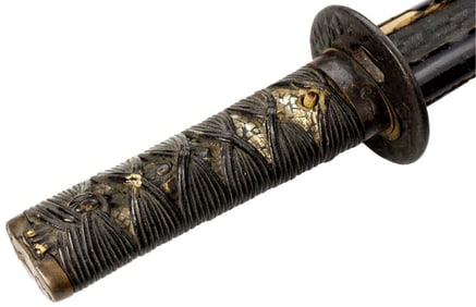 Koto or Shinto era Japanese Samurai WAKIZASHI Sword, Struck Stamp to Tang. Gold Accented Iron Mounts