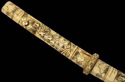Very Nice MeiJi era Japanese WAKIZASHI Sword in Carved Bone Mounts with Samurai & Monk Figures.