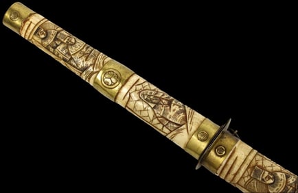 Antique MeiJi era Japanese WAKIZASHI Sword in Ox Bone & Brass Mounts with TOKUGAWA Clan