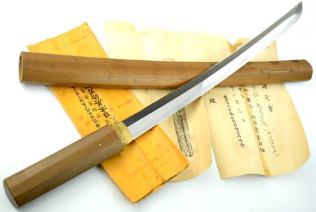 Japanese Edo period Wakizashi Sword ~ Old NBTHK Kanteisho attributed Echizen Shimosaka school: Edo period Wakizashi, ca. 1600s - 1700s, old NBTHK kanteisho attributing the blade to Echizen Shimosaka school. Total length (inside scabbard if present): 26 5/8", Blade: 18 3/8". Detailed condition r