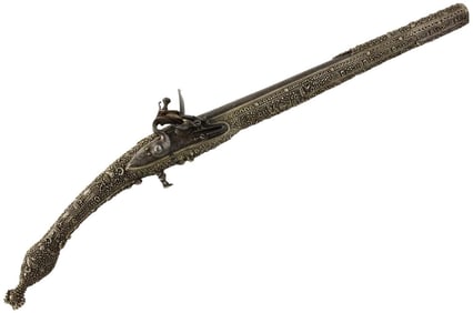 SUPERB Quality 19th C. Greek or Albanian Rat-tail Pistol in Deeply Chiseled Heavy Silver Mounts with
