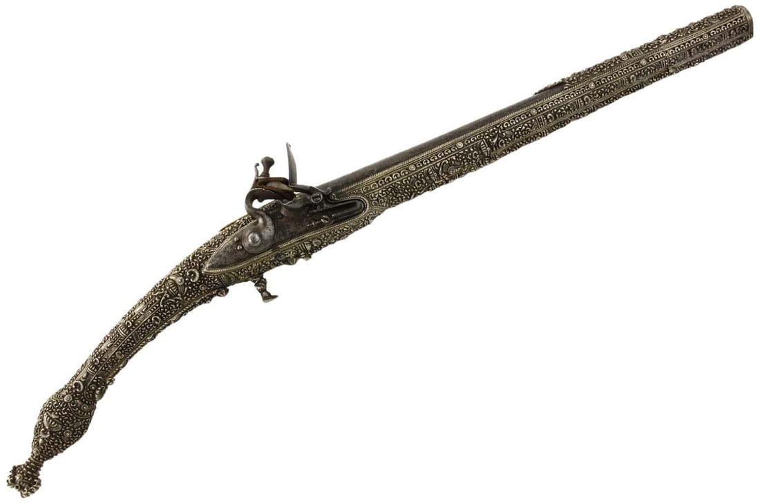 SUPERB Quality 19th C. Greek or Albanian Rat-tail Pistol in Deeply Chiseled Heavy Silver Mounts with: DEAR BIDDERS, TO VIEW MORE DETAILED CLOSE-UP IMAGES OF THE ITEM, PLEASE VISIT OUR SITE : Sofedesignauctions.com AND FIND THIS LOT IN THE CURRENT CATALOG. THANK YOU ! SUPERB Quality 19th C. Greek or Al