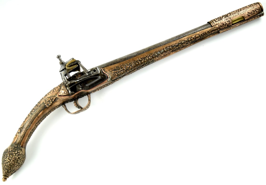 Antique 18th-19th C. Ottoman Islamic Balkan Albanian Rat-tail Flintlock Pistol in Ornate Copper: DEAR BIDDERS, TO VIEW MORE DETAILED CLOSE-UP IMAGES OF THE ITEM, PLEASE VISIT OUR SITE : Sofedesignauctions.com AND FIND THIS LOT IN THE CURRENT CATALOG. THANK YOU ! Antique 18th-19th C. Ottoman Islam