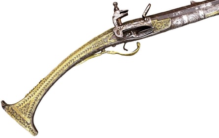 Rare Islamic Ottoman Balkan Albanian TANCICA Miquelet Musket in Ornate Brass & Chiseled Iron