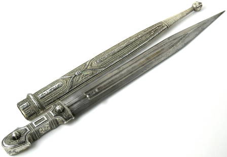Exceptionally Fine Imperial Russian Caucasian Warrior's KINJAL Dagger Sword in Full Niello &: Exceptionally Fine Imperial Russian Caucasian Warrior's KINJAL Dagger Sword in Full Niello & Filigree Silver Furniture with Islamic Calligraphy To Back of Scabbard. Deadly Broad Multi-fullered Blade w