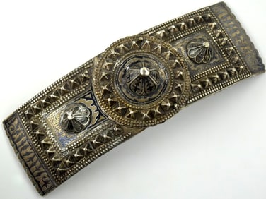 Large 19th C. Imperial Russian Caucasian Niello Enamel Decorated Silver Belt Buckle.