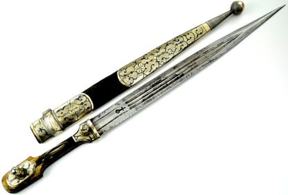 Very Good Imperial Russian Caucasian Cherkes KINJAL Dagger Sword in Fine Niello Silver Mounts with