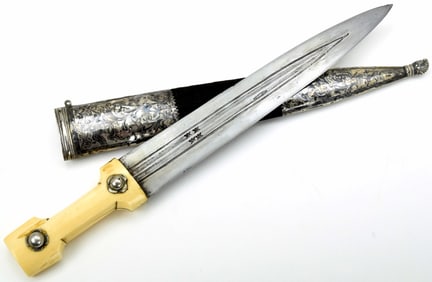 Rare & Fine Imperial Russian Black Sea KINJAL Dagger in High Quality Niello Silver Mounts, Inscribed