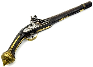 Good 18th-19th C. Islamic Ottoman Turkish Warrior's Flintlock Pistol with Fine Carved & Inlaid
