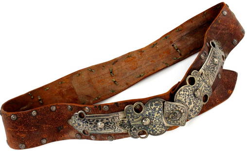 Rare Large 19th C. Imperial Russian Niello Silver Mounted Leather Belt with Owner's Name & 84: Rare Large 19th C. Imperial Russian Niello Silver Mounted Leather Belt with Owner's Name & 84 Hallmarks to Large Buckle. Beautiful Example Overall. Size: 44" x 2 1/2". Detailed condition reports are n