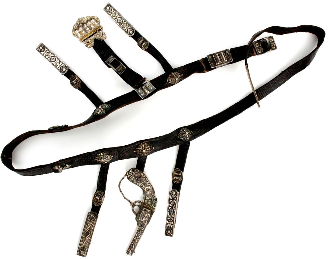 Rare and Fine Imperial Russian Caucasian Warrior's Belt for Kinjal Dagger or Shashka Sword, Niello: Rare and Fine Imperial Russian Caucasian Warrior's Belt for Kinjal Dagger or Shashka Sword, Niello Silver Mounts with Rare Revolver Pistol Locket. Size: 46" x 6". Detailed condition reports are not in
