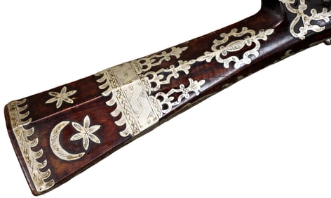 Very Fine 19th C. Ottoman Turkish TUFEK Miquelet Rifle with Extensive Silver Mounts & Silver Inlaid