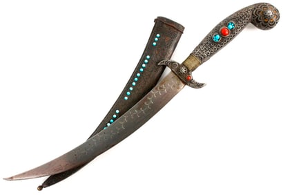 Very Nice Antique Islamic Ottoman Turkish or Greek Jeweled Knife Dagger with Turquoise Stones & Red