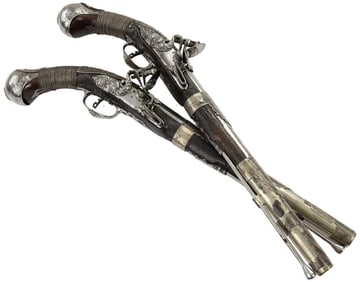 Exceptional Pair of 18th-19th C. Islamic Ottoman Turkish Large Flintlock KUBUR Pistols in Fine