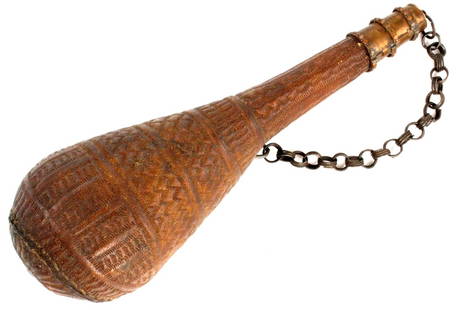 Early Russian Caucasian Warrior's Embossed Leather Powder Flask for a Rifle.: Early Russian Caucasian Warrior's Embossed Leather Powder Flask for a Rifle. Size: 9 1/2" x 3 1/4". Detailed condition reports are not included in this catalog. For additional information, including c