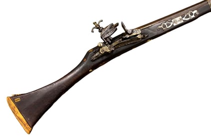 Large 18th-19th C. Silver & Bone Mounted Islamic Algerian Arabic Arab Long Rifle with Massive