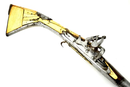 Very Good Antique Islamic Arabic Arab Long Rifle in Camel Bone & Chiseled Steel Mounts, Maker Marked