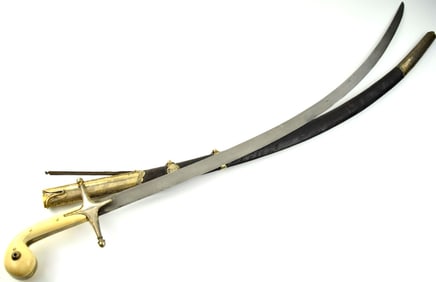 Nice 19th Century Ottoman Shamshir Sword ~ Damascus Blade ~Silver Mounted ~ Maker Marked