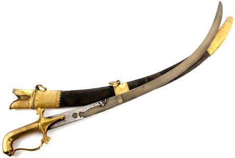Very Rare Early Islamic Mughal Indian SHAMSHIR Sword, Fine WOOTZ Blade with Silver Inlaid: Very Rare Early Islamic Mughal Indian SHAMSHIR Sword, Fine WOOTZ Blade with Silver Inlaid Reinforcement Panels & Islamic Calligraphy Gold Cartouche. Brass Hilt & Original Scabbard Mounts, Rare and Fin
