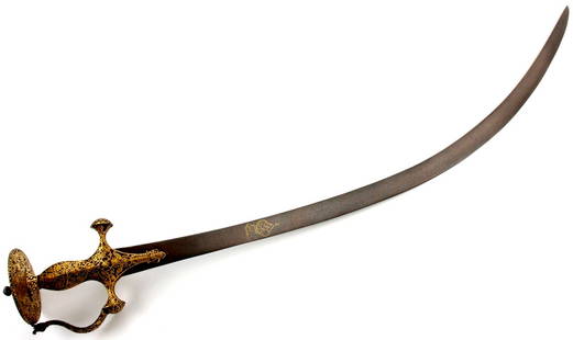 Fine & Rare 17th-18th C. Mughal Indian SHAMSHIR Sword with Heavily Gold Encrusted Large Iron Hilt &: DEAR BIDDERS, TO VIEW MORE DETAILED CLOSE-UP IMAGES OF THE ITEM, PLEASE VISIT OUR SITE : Sofedesignauctions.com AND FIND THIS LOT IN THE CURRENT CATALOG. THANK YOU ! Fine & Rare 17th-18th C. Mughal In