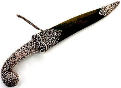 Fine 19th C. Mughal Indian KHANJAR Dagger in Elaborate Deeply Carved Silver Mounts. Gold Inlaid