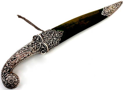 Fine 19th C. Mughal Indian KHANJAR Dagger in Elaborate Deeply Carved Silver Mounts. Gold Inlaid: Fine 19th C. Mughal Indian KHANJAR Dagger in Elaborate Deeply Carved Silver Mounts. Gold Inlaid Pattern-welded Damascus Steel Blade. Lovely Quality Example Overall. Total length (inside scabbard if pr
