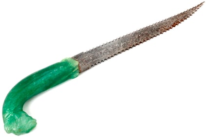 Nice Antique Islamic Mughal Indian KHANJAR Dagger with Carved Ram Head Jade Stone Grip &
