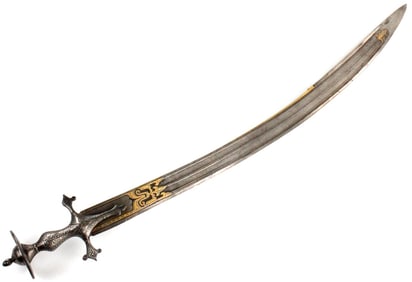 Very Attractive 19th C. Islamic Mughal Indian TULWAR Sword with Beautiful Gold Inlaid Blade Etched